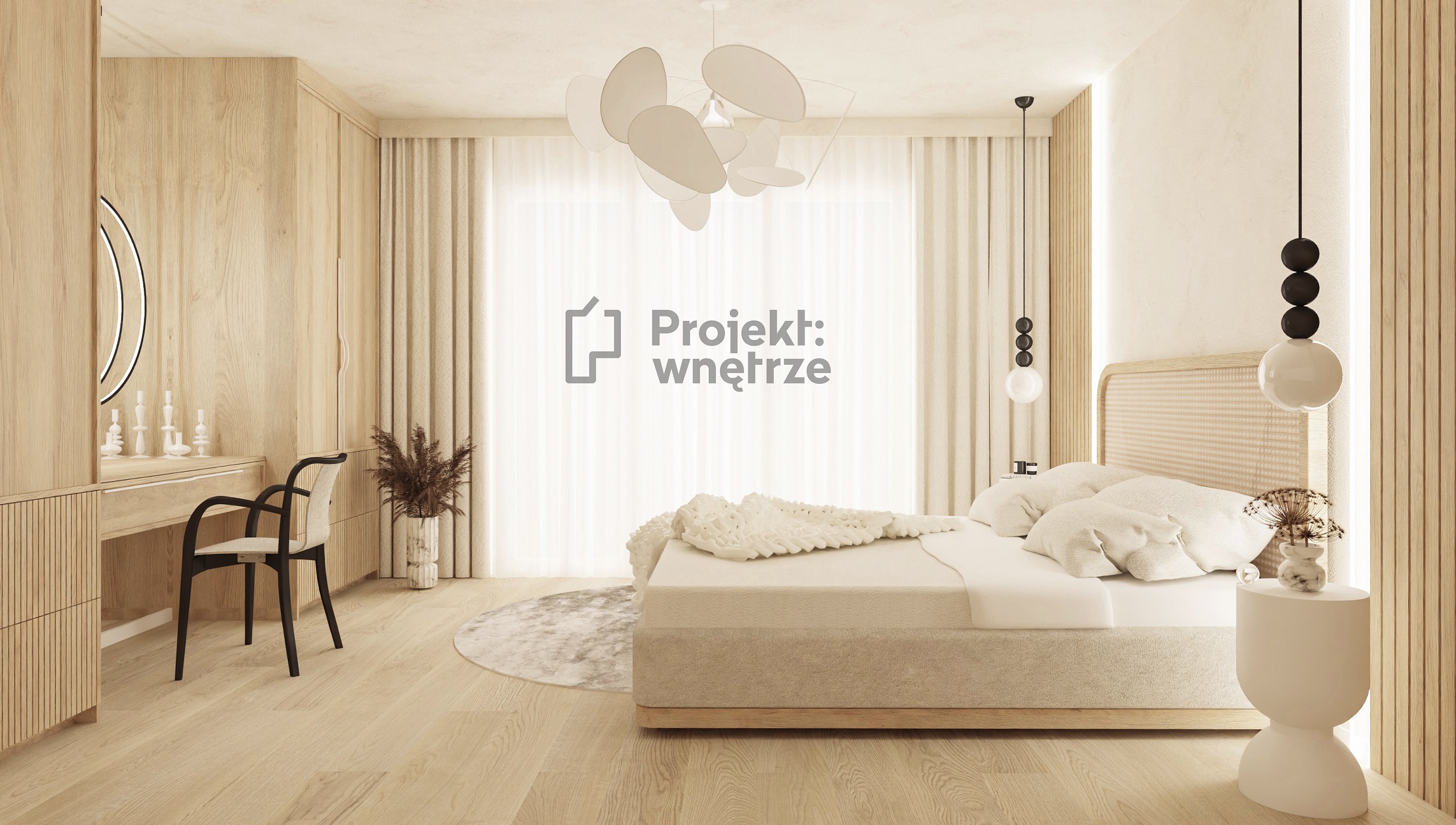 projekt wnetrze japandi sypialnia beżowa tapeta lamele czerń projekt sypialni projektant wnetrz warszawa online projektwnetrze.com.pl