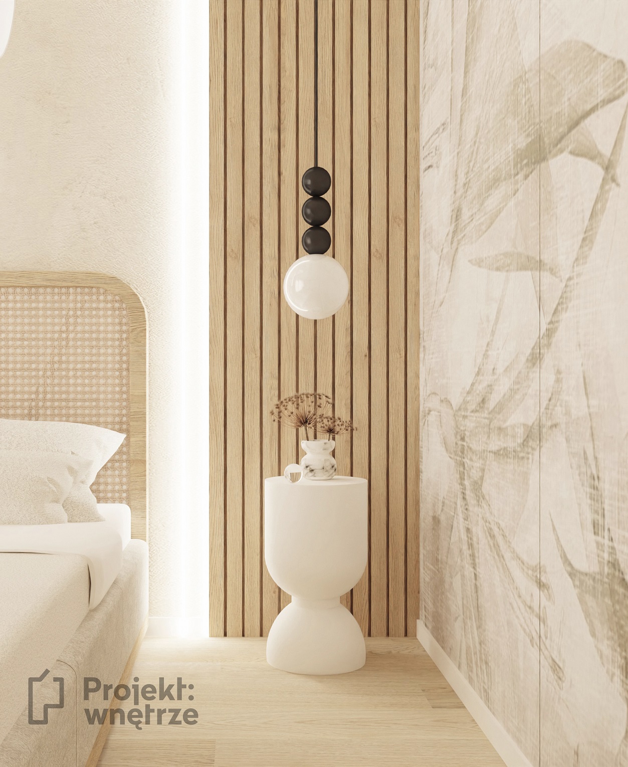 projekt wnetrze japandi sypialnia beżowa tapeta lamele czerń projekt sypialni projektant wnetrz warszawa online projektwnetrze.com.pl