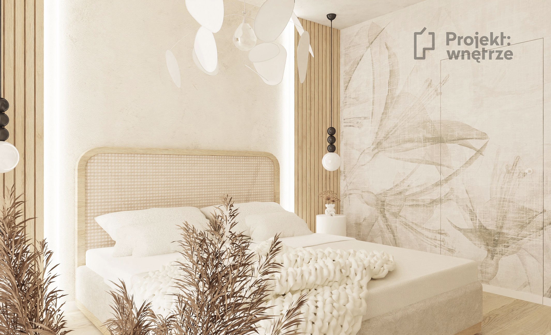 projekt sypialni japandi beżowa tapeta drewno lamele łóżko japandi boho lampa screen marketset czarna projekt sypialni projektant wnetrz warszawa online projektwnetrze.com.pl