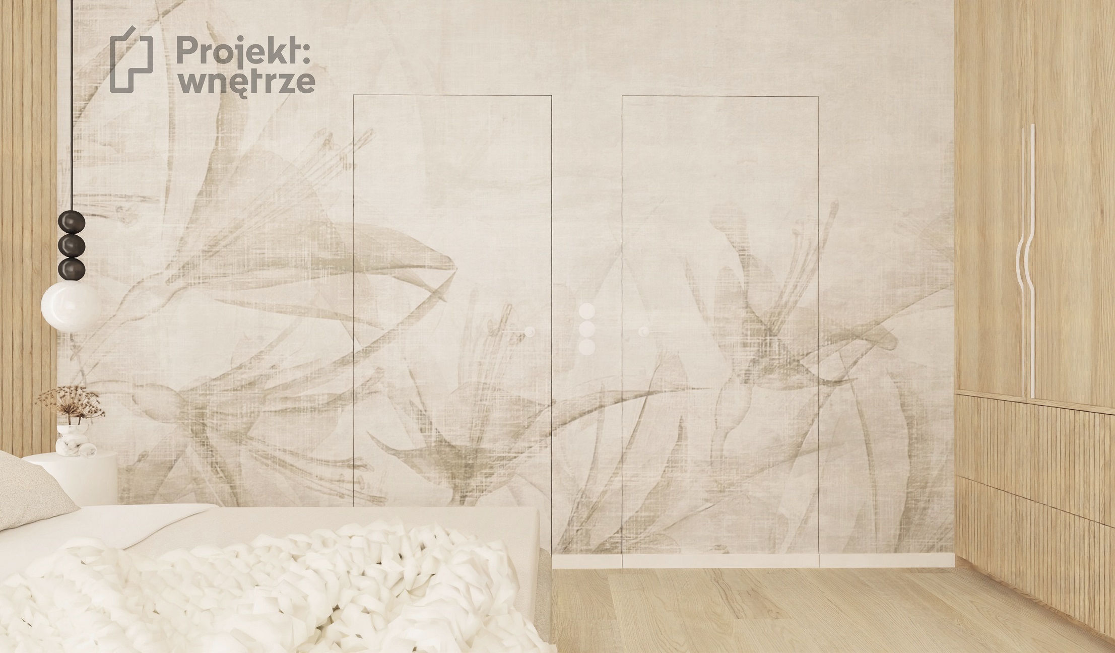 projekt sypialni japandi beżowa tapeta drewno lamele łóżko japandi boho lampa screen marketset czarna projekt sypialni projektant wnetrz warszawa online projektwnetrze.com.pl