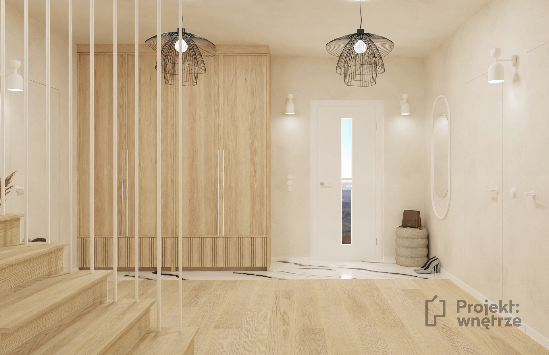 projekt w stylu japandi beżowy przedpokój hol schody tapeta projekt wnętrze projektant wnetrz warszawa online balustrada biała harfa drewno projektwnetrze.com