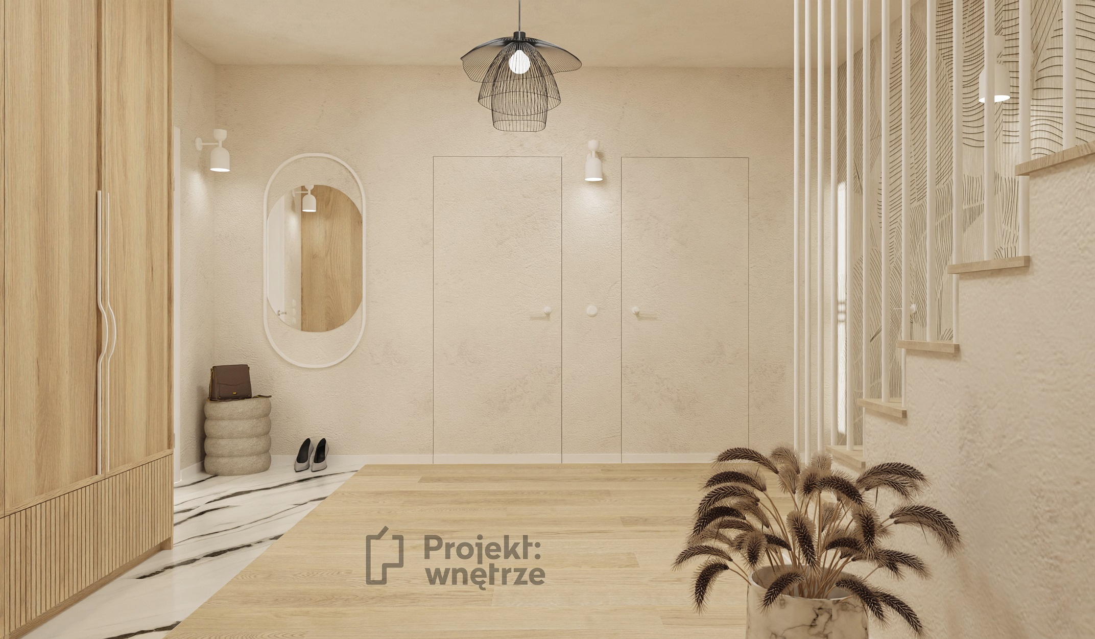 projekt w stylu japandi beżowy przedpokój hol schody tapeta projekt wnętrze projektant wnetrz warszawa online balustrada biała harfa drewno projektwnetrze.com