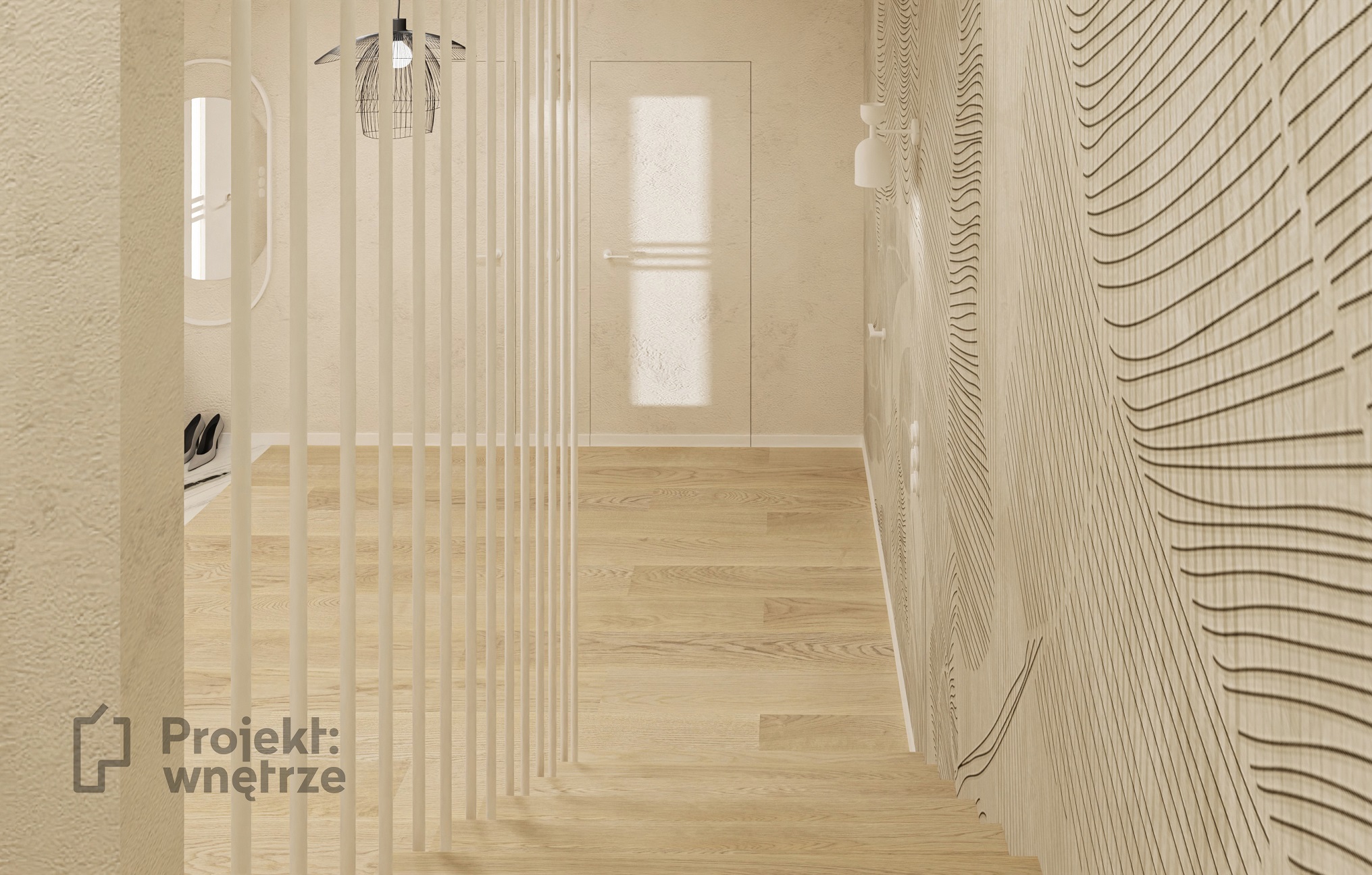 projekt w stylu japandi beżowy przedpokój hol schody tapeta projekt wnętrze projektant wnetrz warszawa online balustrada biała harfa drewno projektwnetrze.com