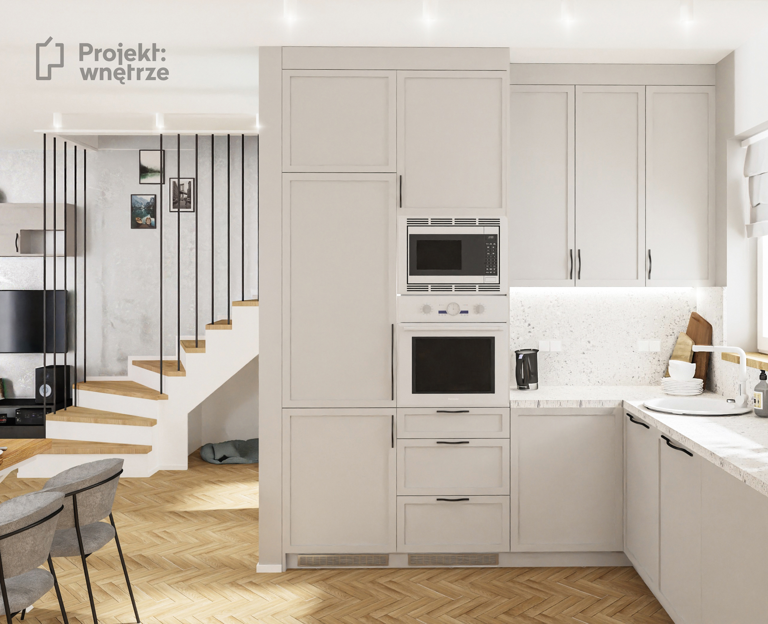 projekt kuchni szarej w salonie glamour jodełka lastryko czarne uchwyty projekt wnetrze projektant wnetrz warszawa www.projektwnetrze.com