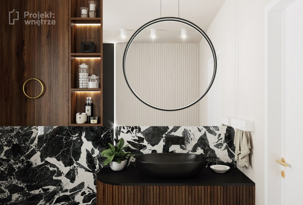 ciemna lazienka bezowa czarna lamele szafka okrągła drewno brazowa plytki 3d projektowanie wnętrz online Warszawa www.projektwnetrze.com