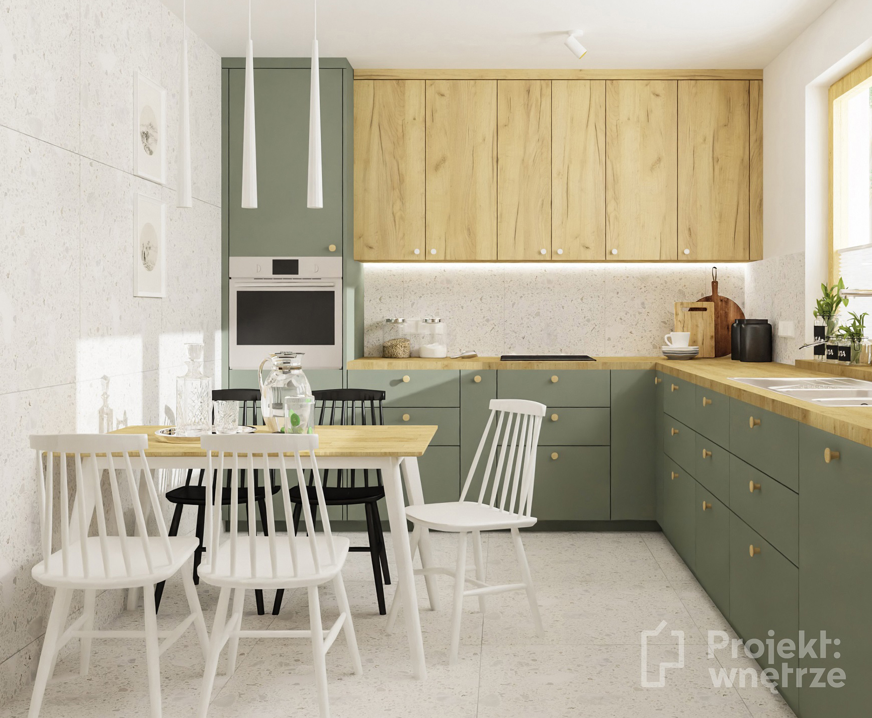 Projekt wnętrze projekt kuchni online warszawa Ikea Bodbyn zielona kuchnia drewno lastryko terrazzo biało czarne projektwnetrze.com