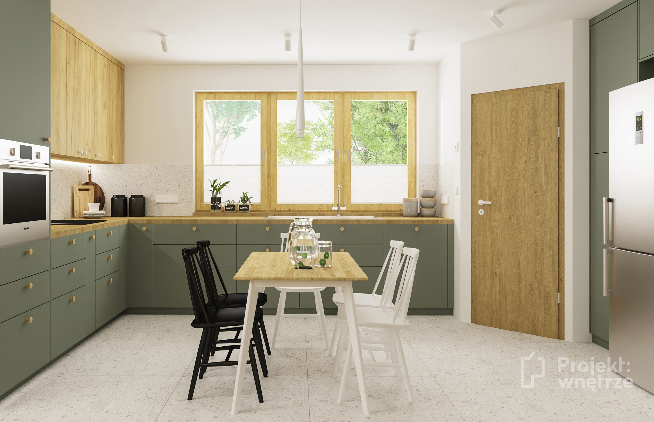 Projekt wnętrze projekt kuchni online warszawa Ikea Bodbyn zielona kuchnia drewno lastryko terrazzo biało czarne projektwnetrze.com