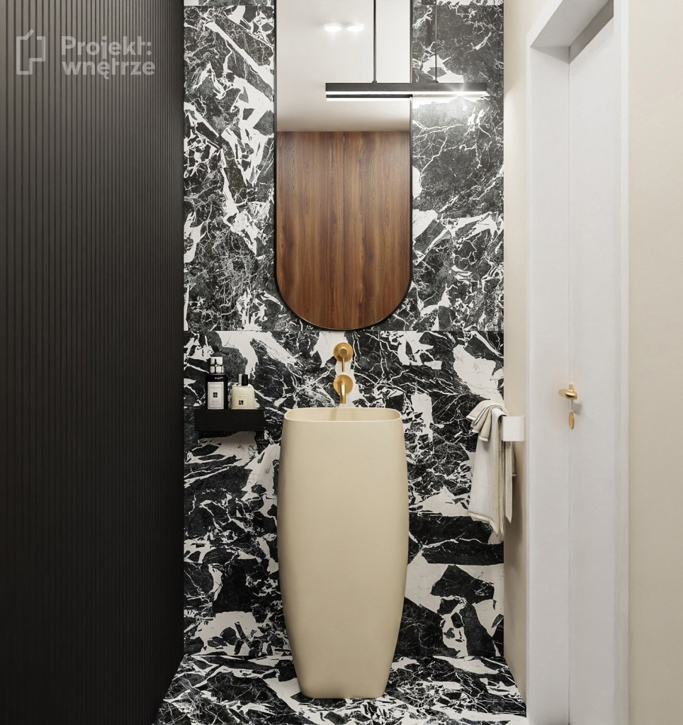 Projekt małego WC beżowa umywalka wolnostojąca czarno białe płytki złota bateria czarne wc lamele projekt łazienki online Warszawa projektwnetrze.com