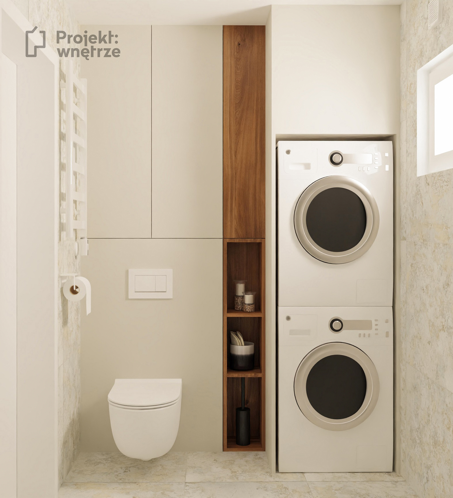 projekt łazienki japandi drewno beż kamień nowoczesna łazienka wabi sabi PROJEKT: WNĘTRZE