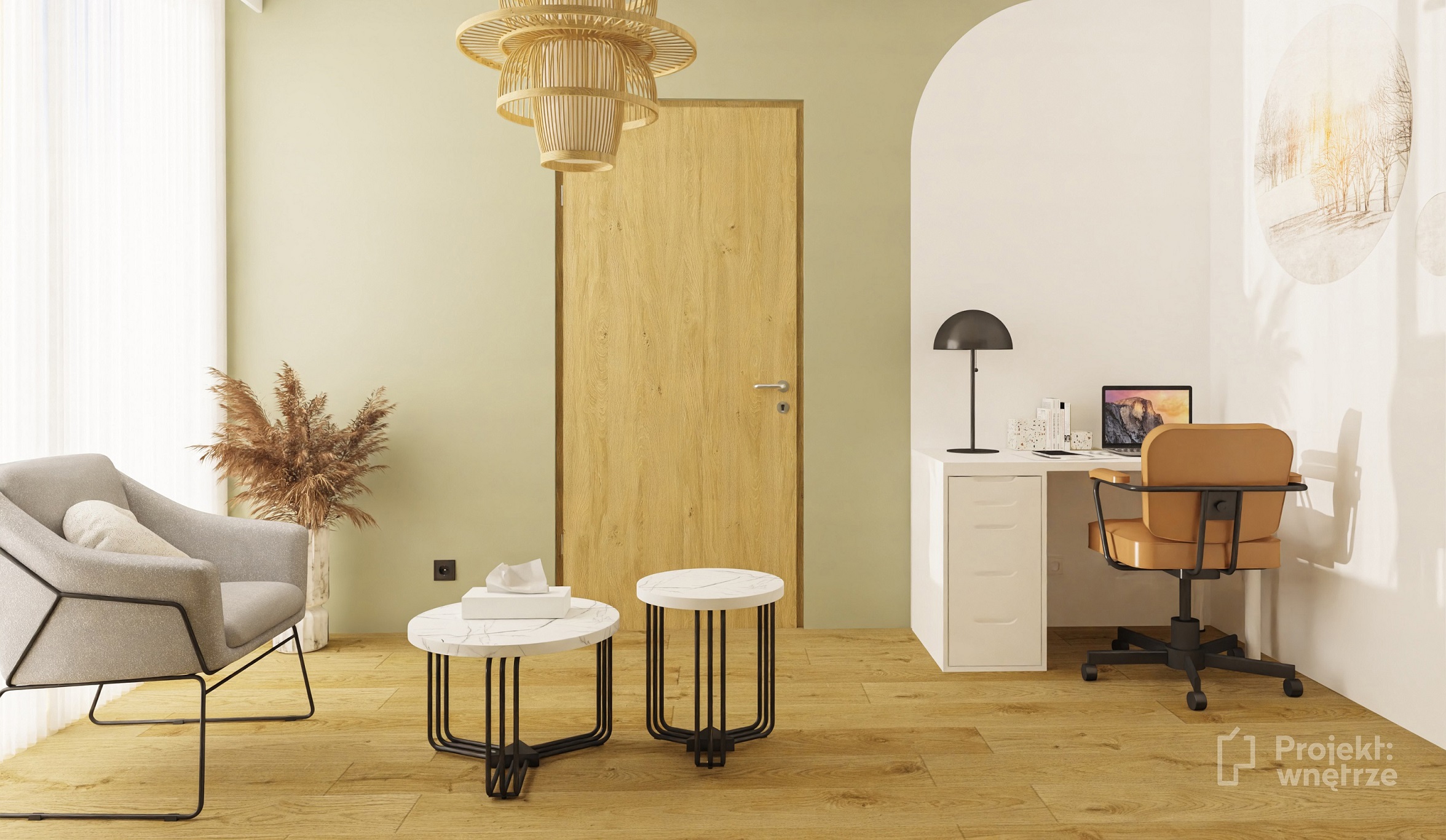 projekt wnętrze gabinetu psychologicznego biały zielony drewno nowoczesny projektowanie wnętrz online warszawa ww.projektwnetrze.com
