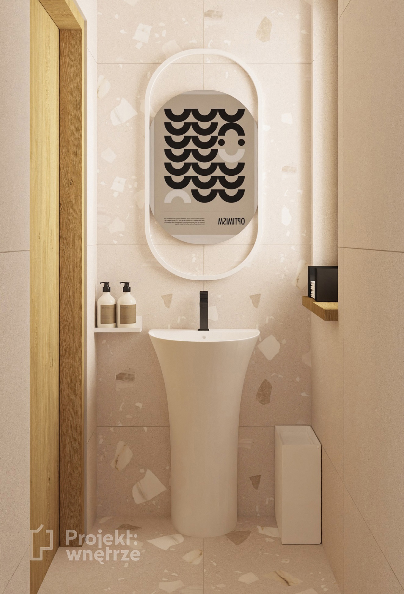 beżowa łazienka w stylu japandi minimalistyczna projekt wnętrze projektowanie wnętrz online warszawa www.projektwnetrze.com