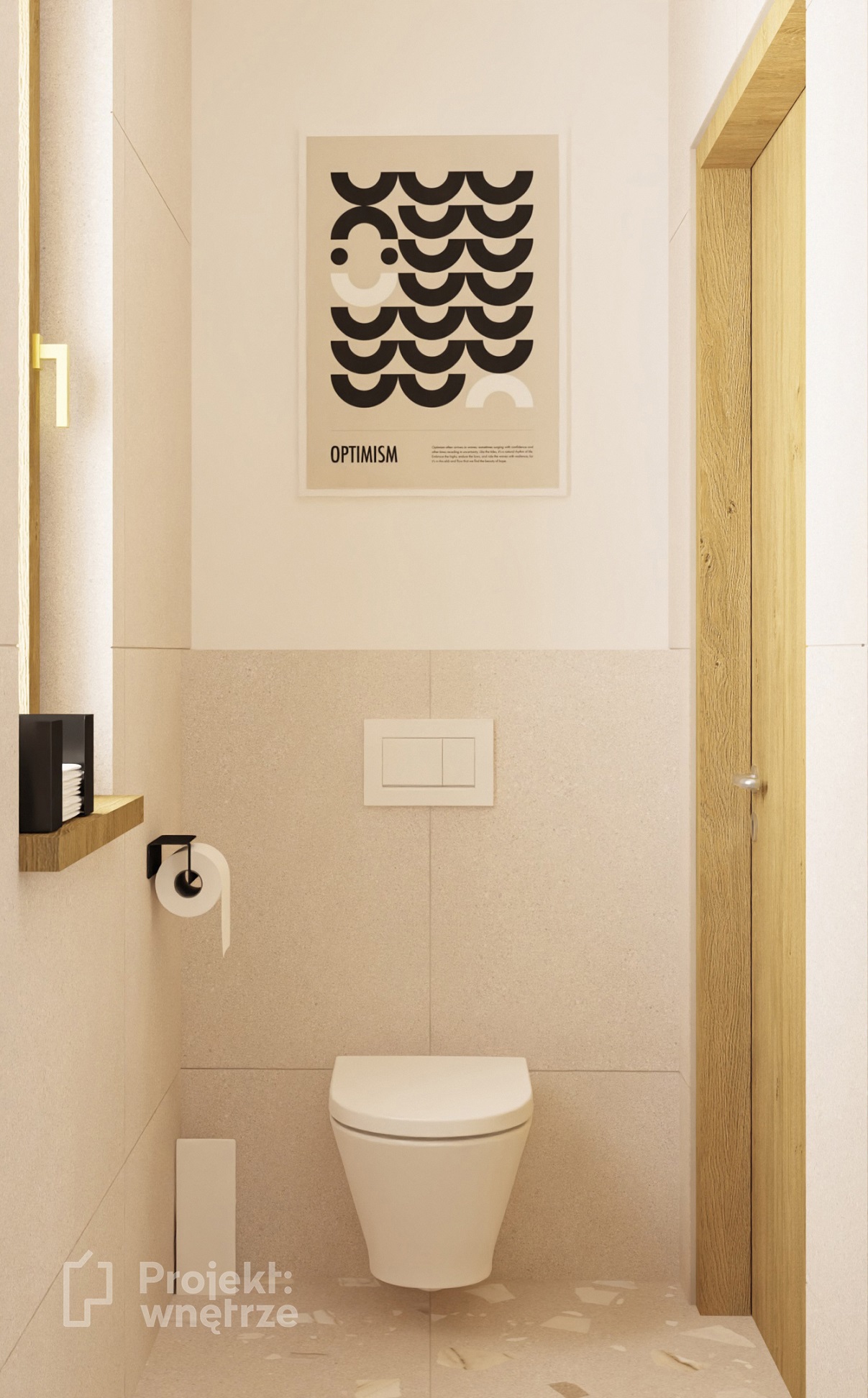 projekt łazienki wc w gabinecie psychologicznym terapeutycznym beżowy japandi minimalistyczny nowoczesny projektowanie wnętrz online warszawa www.projektwnetrze.com
