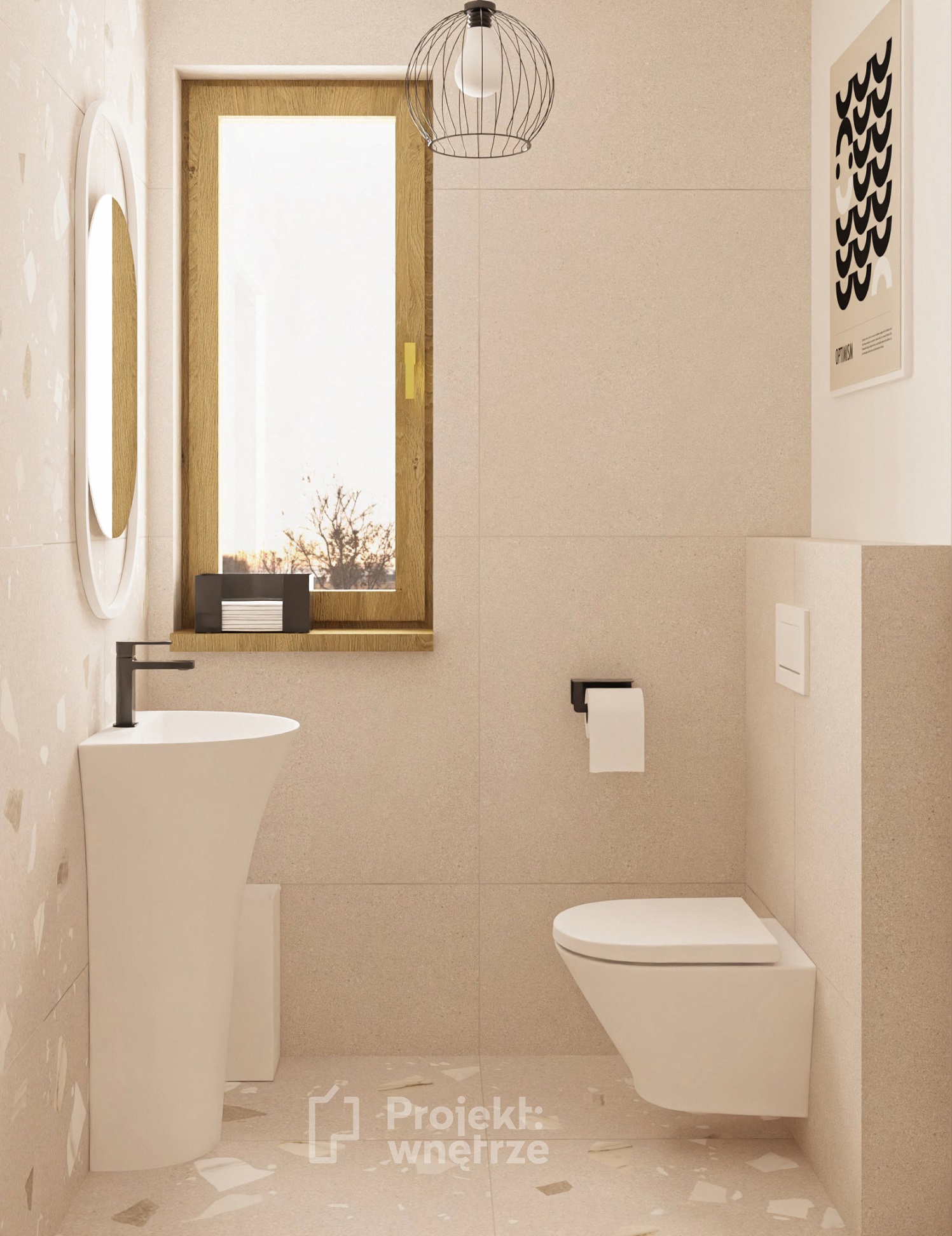 projekt łazienki wc w gabinecie psychologicznym terapeutycznym beżowy japandi minimalistyczny nowoczesny projektowanie wnętrz online warszawa www.projektwnetrze.com