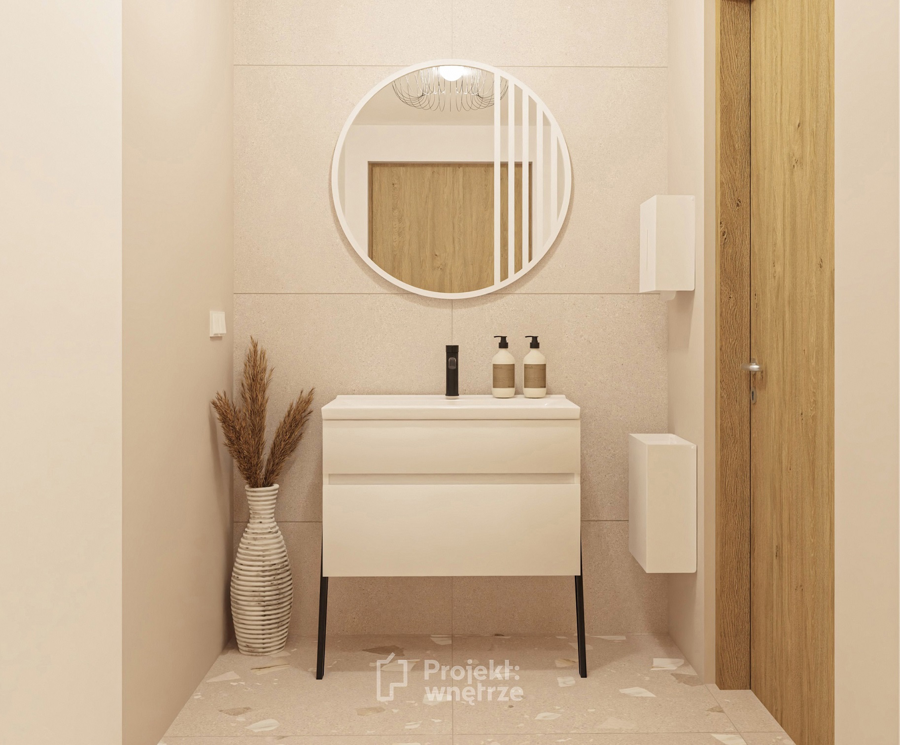 beżowa łazienka w stylu japandi minimalistyczna projekt wnętrze projektowanie wnętrz online warszawa www.projektwnetrze.com