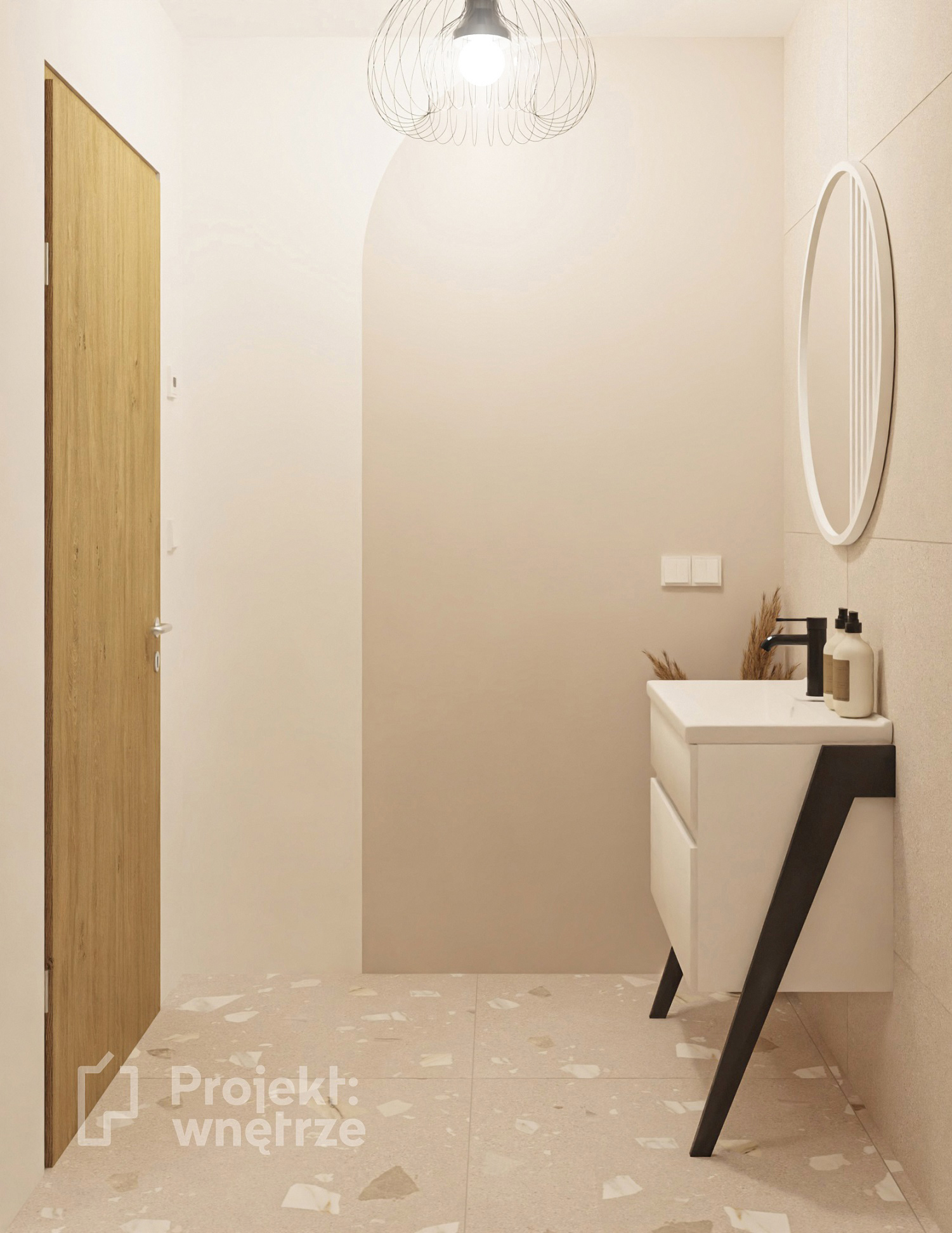 beżowa łazienka w stylu japandi minimalistyczna projekt wnętrze projektowanie wnętrz online warszawa www.projektwnetrze.com