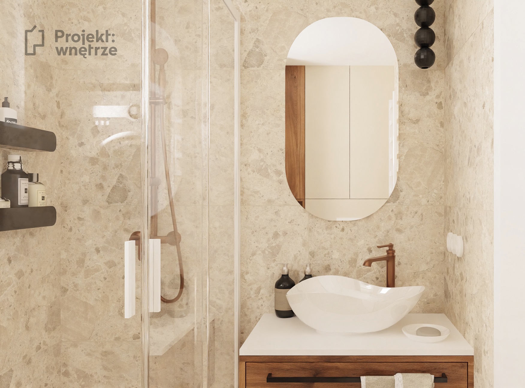 projektwnetrze beżowa łazienka drewno japandi lastryko wabi sabi mozaika czarne projektwnetrze