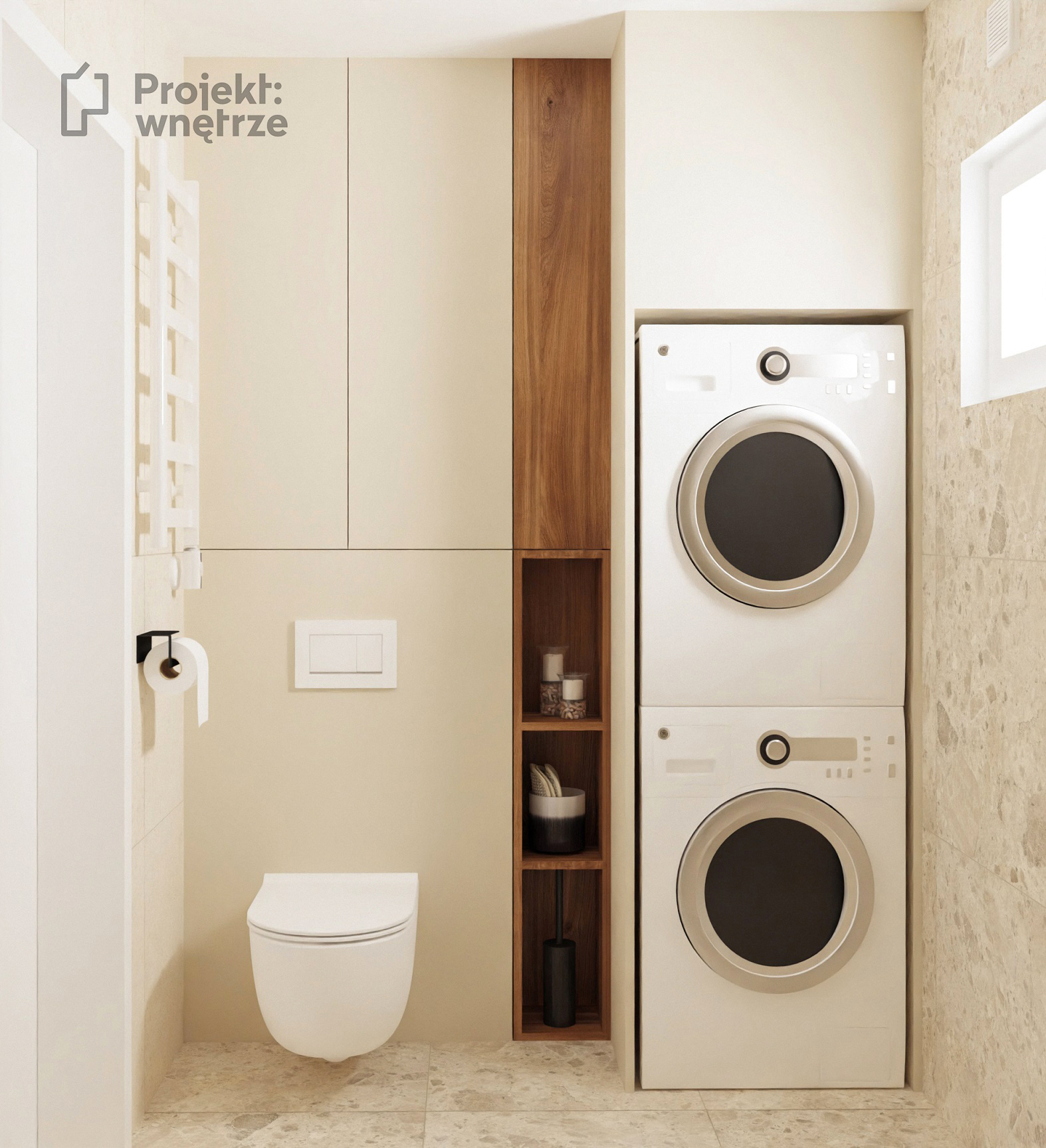 projekt łazienki japandi drewno beż kamień nowoczesna łazienka wabi sabi PROJEKT: WNĘTRZE